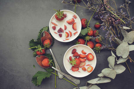 Sweet cold soup made of strawberries and organic vegan milkの写真素材