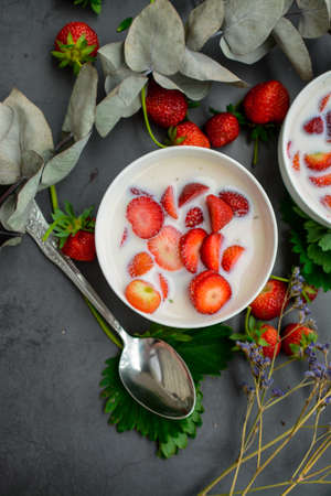 Sweet cold soup made of strawberries and organic vegan milkの写真素材