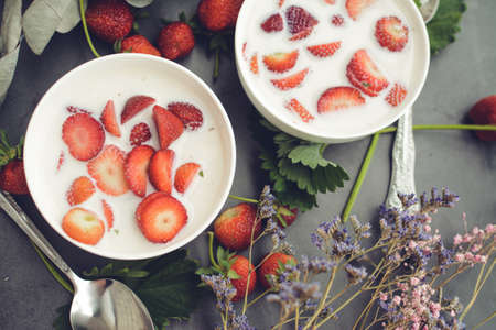 Sweet cold soup made of strawberries and organic vegan milkの写真素材