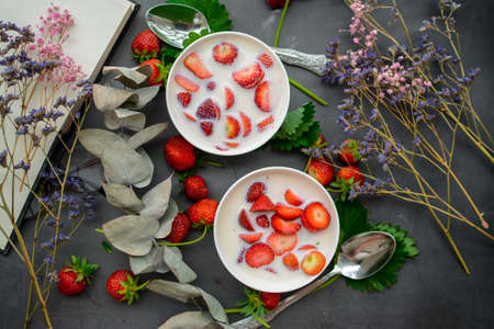 Sweet cold soup made of strawberries and organic vegan milkの写真素材
