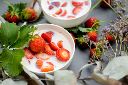 Sweet cold soup made of strawberries and organic vegan milkの写真素材