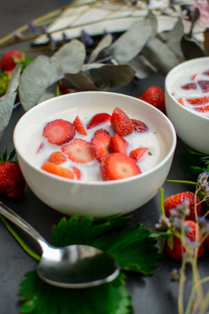 Sweet cold soup made of strawberries and organic vegan milkの写真素材
