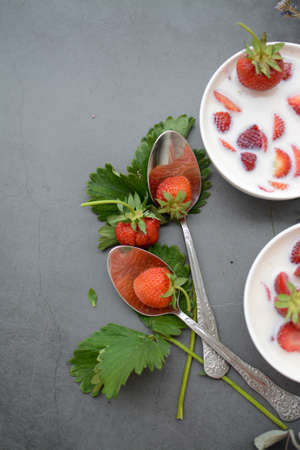 Sweet cold soup made of strawberries and organic vegan milkの写真素材