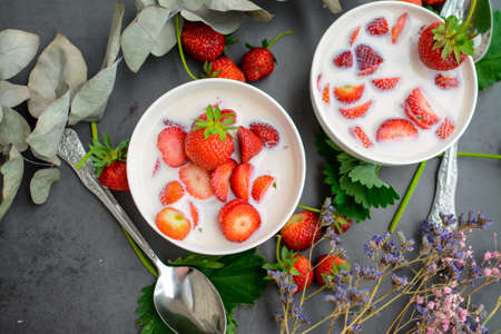 Sweet cold soup made of strawberries and organic vegan milkの写真素材