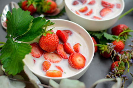 Sweet cold soup made of strawberries and organic vegan milkの写真素材