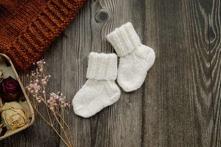 Small woolen baby socks, on dark wooden backgroundの写真素材