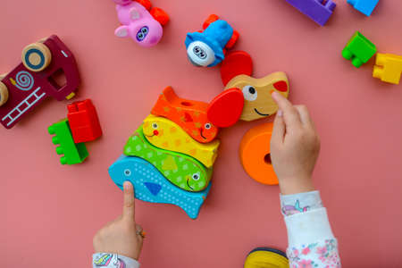 Child is playing with colorful wooden and plastic toys, on pink backgroundの写真素材