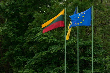 Flags of European Union, Ukraine and Lithuania, green backgroundの写真素材