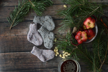 Small chunky and warm baby socks, made of woolen yarnの写真素材