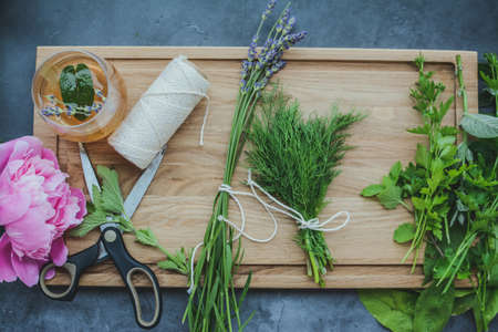 Various herbs picked from the garden, getting ready for drying, on wooden backgroundの写真素材