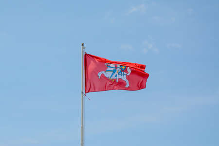 Flag with Lithuanian herb, blue sky in the backgroundの写真素材