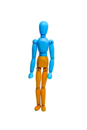 Wooden doll of Ukrainian flag colors, on gray backgroundの写真素材