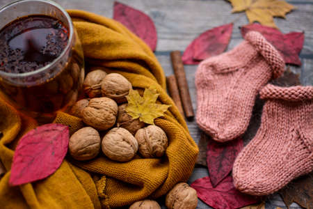 Finished knitting project, soft and unique handmade socks for newborn baby, made of premium alpaca wool yarn, on dark wooden background, dry autumn leaves and walnuts on the tableの写真素材