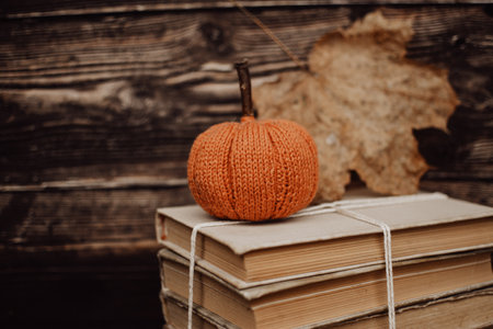 Small orange pumpkin made of cotton yarn, on dark wooden backgroundの写真素材