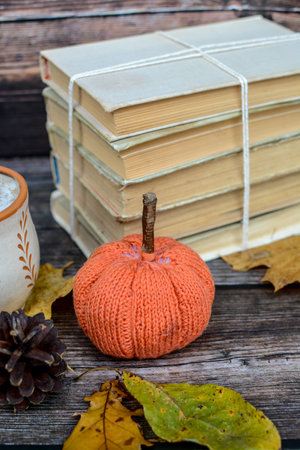 Small orange pumpkin made of cotton yarn, on dark wooden backgroundの写真素材