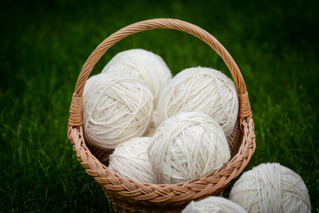Woolen yarn balls in the basket outdoorsの写真素材
