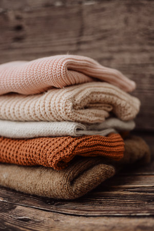 The pile of knitted sweaters on dark brown backgroundの写真素材