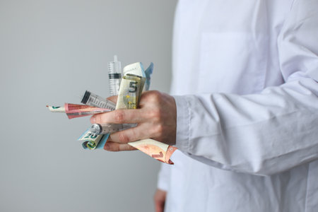 Syringes and money in doctor's hands