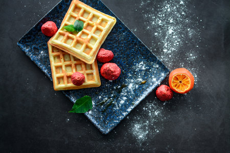Belgian waffles with chocolate and strawberries on dark background, top viewの写真素材