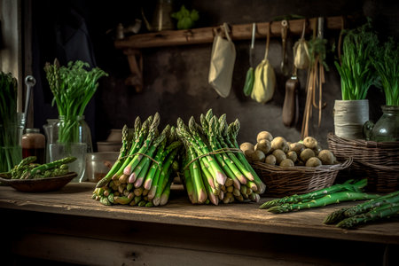 Fresh green asparagus on a rustic wooden table in the kitchenの素材