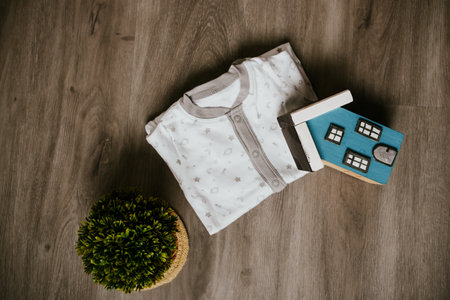 T-shirt and house model on wooden background. Vintage style.の写真素材