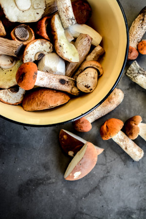 Fresh forest mushrooms in bowl on grey background. Top view, copy spaceの写真素材