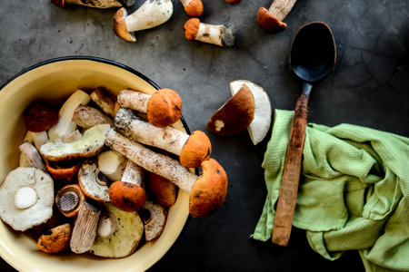 Edible forest mushrooms in bowlの写真素材