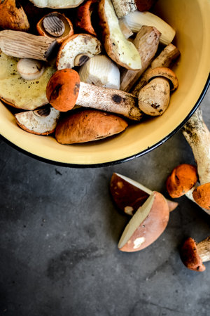 Fresh forest mushrooms in a bowl on a dark background, top viewの写真素材