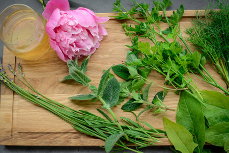Herbs and spices on a wooden board. A bouquet of fresh herbs.の写真素材