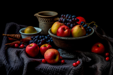 Still life with apples, pears, grapes and berries on black backgroundの素材