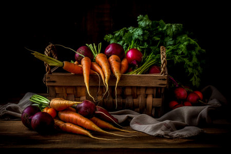 Basket of fresh carrots and radishes on a dark wooden backgroundの素材