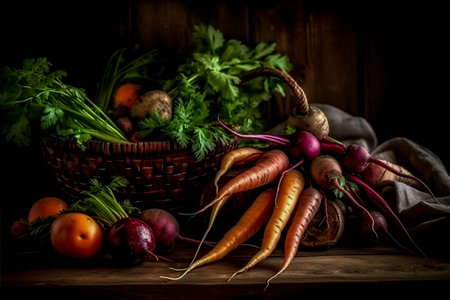 Basket with fresh vegetables on a wooden table. Dark background.の素材