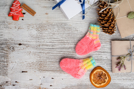 Christmas and New Year background with gift boxes and socks. Top view with copy spaceの写真素材