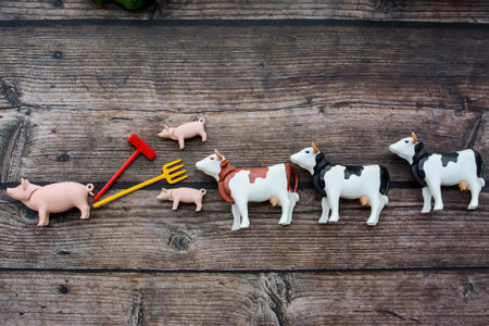 Plasticine figures of cows and a rake on a wooden backgroundの写真素材