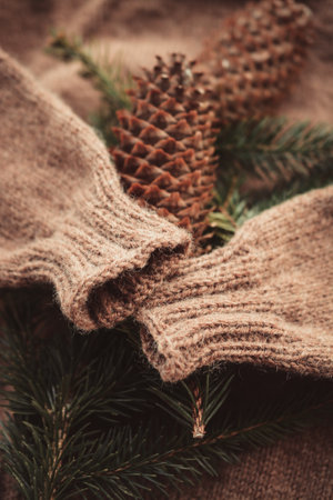 Fir branches, cones and knitted sweater on rustic backgroundの写真素材