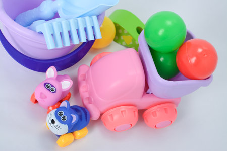 Children's toys on a white background, close-up, isolateの写真素材