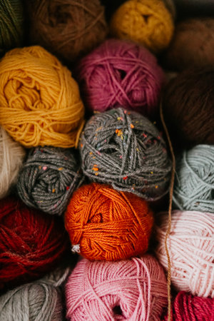 Balls of woolen yarn for knitting. Selective focus.の写真素材
