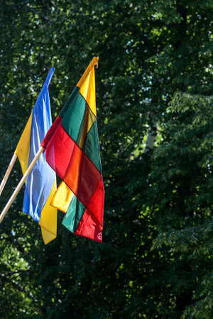 Lithuanian and Ukrainian flags outdoors, green tress in the backgroundの写真素材