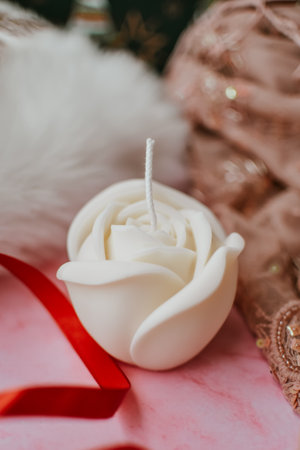 White wax candle with red ribbon on pink background with bokeh lightsの写真素材