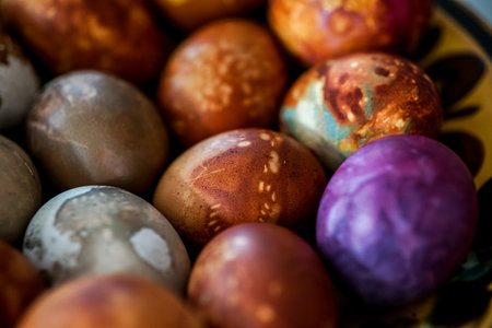 Colorful easter eggs background. Happy Easter concept. Selective focus.の写真素材