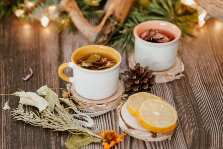 Two cups of herbal tea with lemon on a wooden background in the forestの写真素材