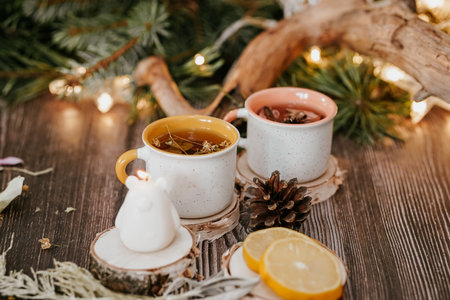 Two cups of tea with lemon and cinnamon on the background of the Christmas treeの写真素材