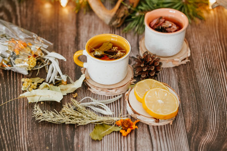 Cup of tea with lemon on a wooden background with Christmas decorationsの写真素材