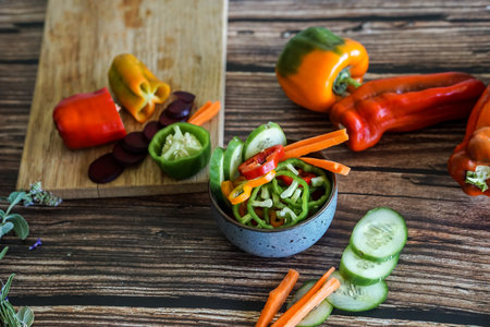Vegetable salad with carrot, cucumber, pepper and onion on wooden tableの写真素材