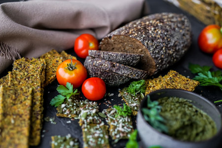Healthy vegetarian food, rye bread with vegetables and herbs on dark backgroundの写真素材