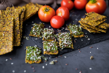 Spinach crackers with sesame seeds on a black backgroundの写真素材