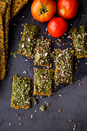 Healthy Vegetarian Spinach Crispbread with tomatoes and sunflower seedsの写真素材