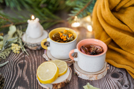 Cup of tea with lemon on a wooden table. Christmas background.の写真素材