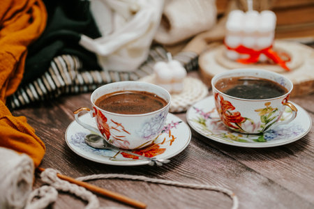 Two cups of coffee on a wooden background. Cozy autumn concept.の写真素材