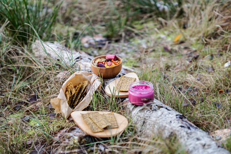 Healthy breakfast in the forest. Beetroot smoothie with fresh berries.の写真素材